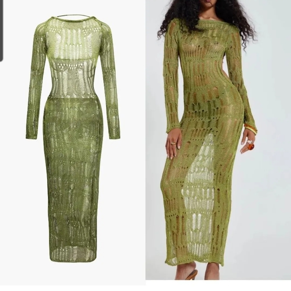 Elegant Green Backless Knit Dress